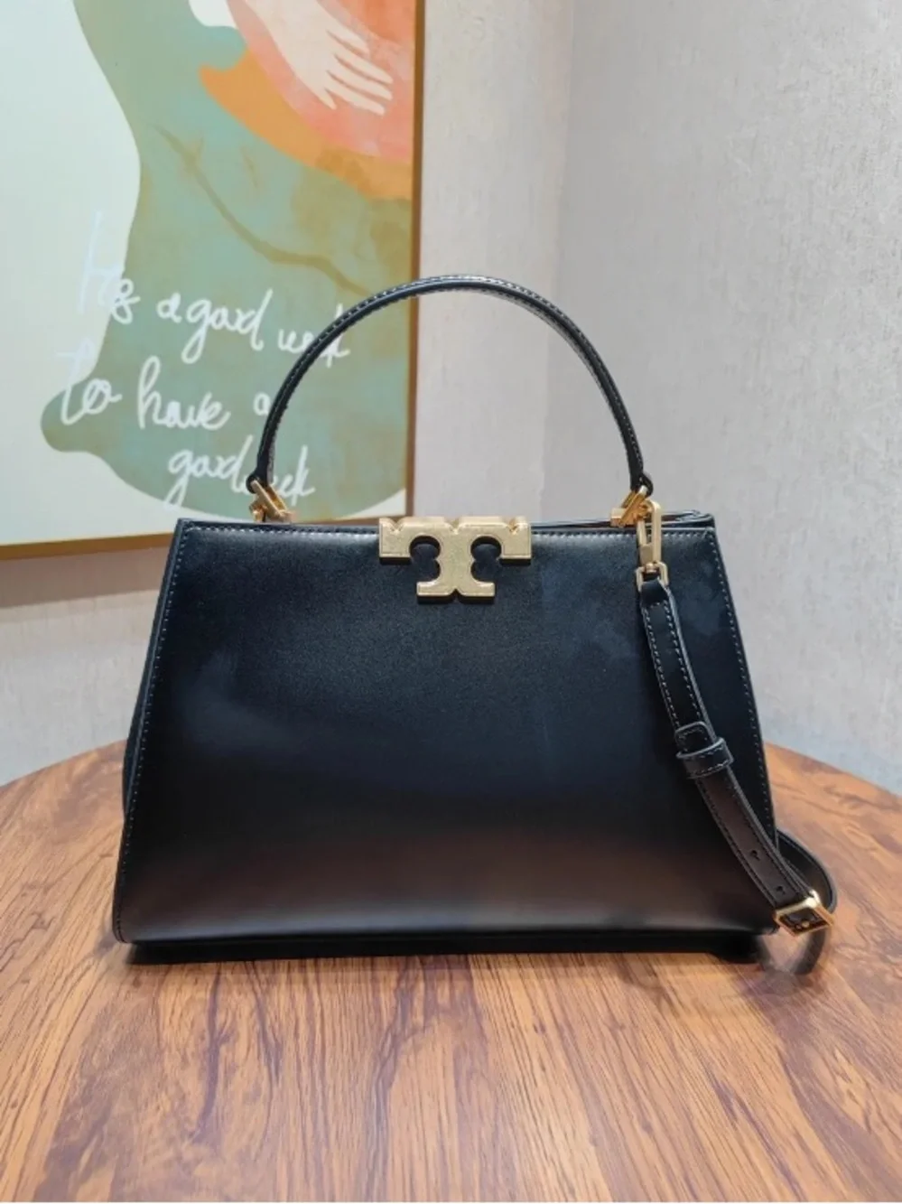 Tory Burch Black Leather Top-Handle Satchel with Gold Hardware